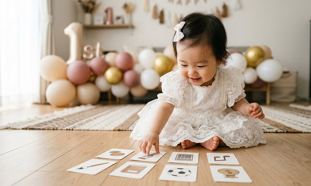 選び取りカードをする赤ちゃん